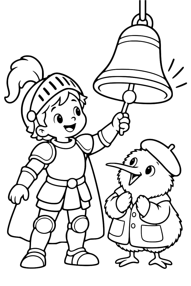 Dessin en noir et blanc d’un enfant en armure et à cape tenant le battant d’une grande cloche suspendue, à côté d’un oiseau au long bec portant un béret et une veste.