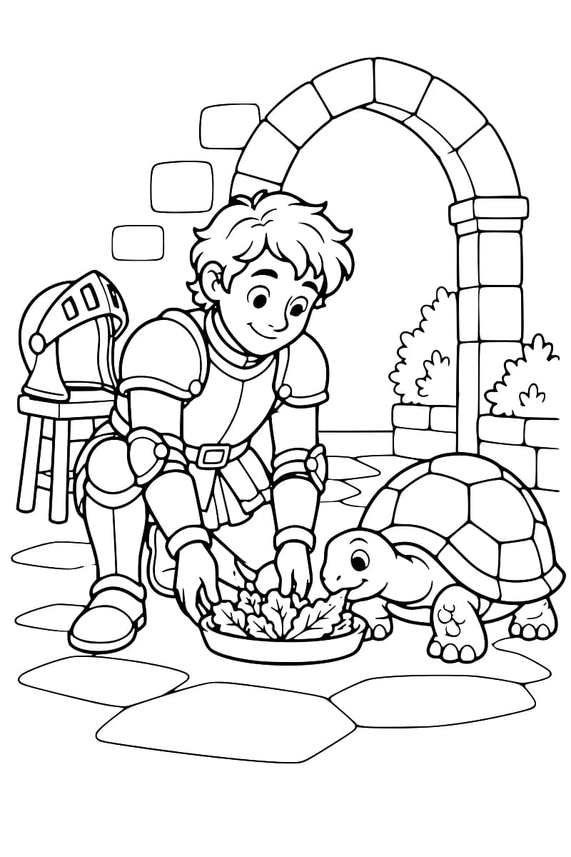 Dessin en noir et blanc d’un jeune chevalier en armure, agenouillé près d’une tortue qui mange des feuilles dans un plat, avec un casque sur un tabouret, une arche en pierre et des buissons en arrière-plan.