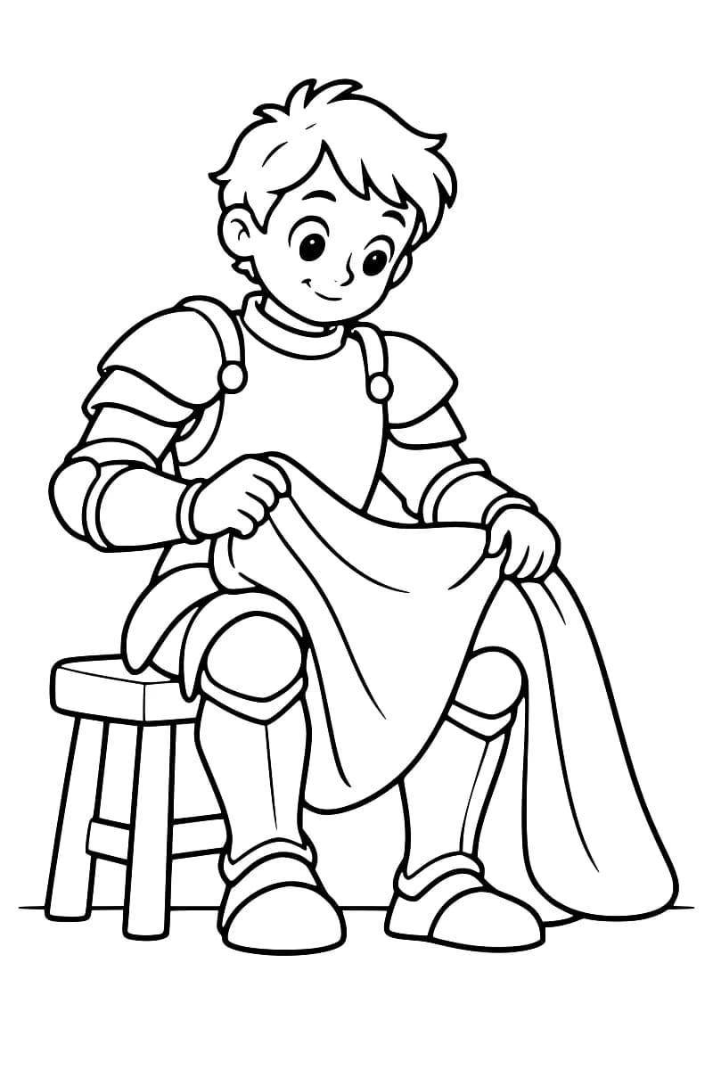 Dessin en noir et blanc d’un jeune chevalier souriant, sans casque, assis sur un tabouret et tenant des deux mains une cape qui retombe sur ses genoux jusqu’au sol.