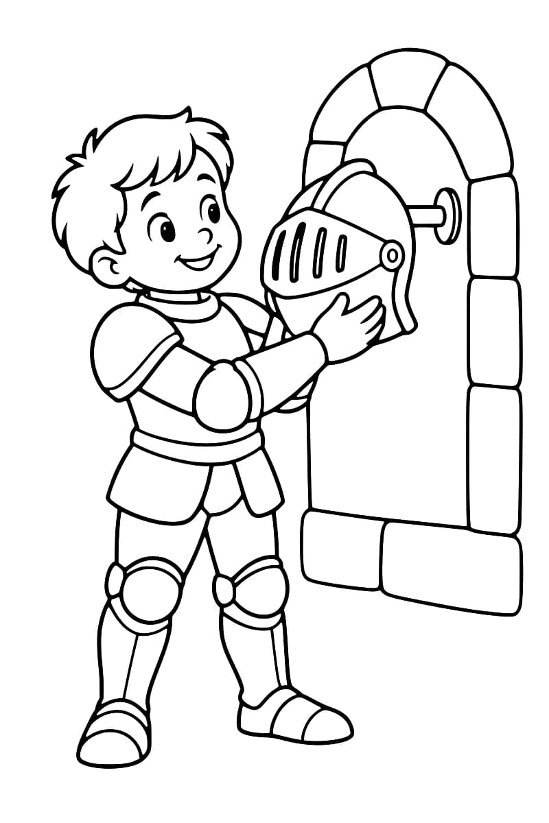 Dessin en noir et blanc d’un garçon en armure tenant des deux mains un casque à visière devant un support mural, dans une alcôve encadrée de pierres.