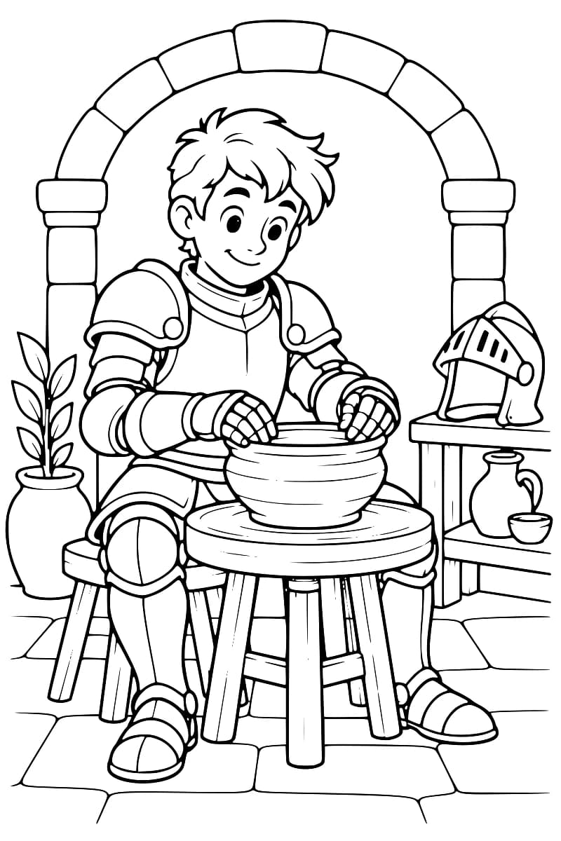 Dessin en noir et blanc d’un jeune chevalier assis, les mains sur le bord d’un bol posé sur un tour de potier. Une arche en pierre l’encadre, avec une plante en pot à gauche et une étagère portant un casque, un pichet et une petite coupe à droite.