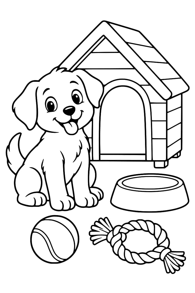 Dessin en noir et blanc d’un chiot assis devant une niche, avec une gamelle, une balle et un jouet en corde.