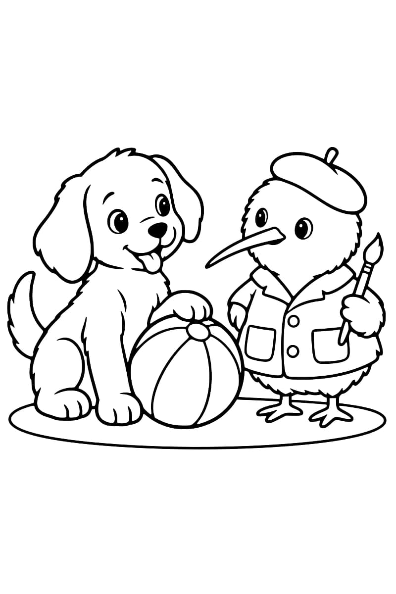 Dessin en noir et blanc d’un chiot à côté d’un gros ballon et d’un canard peintre portant un béret et une blouse.