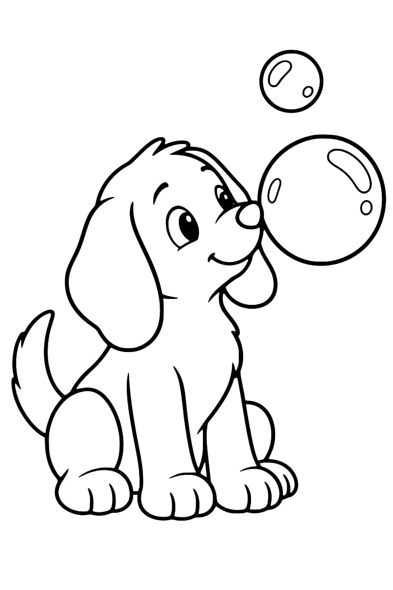 Dessin au trait noir sur fond blanc d’un chiot assis, aux oreilles tombantes et à la queue relevée, le museau contre une grande bulle, avec une petite bulle au-dessus.