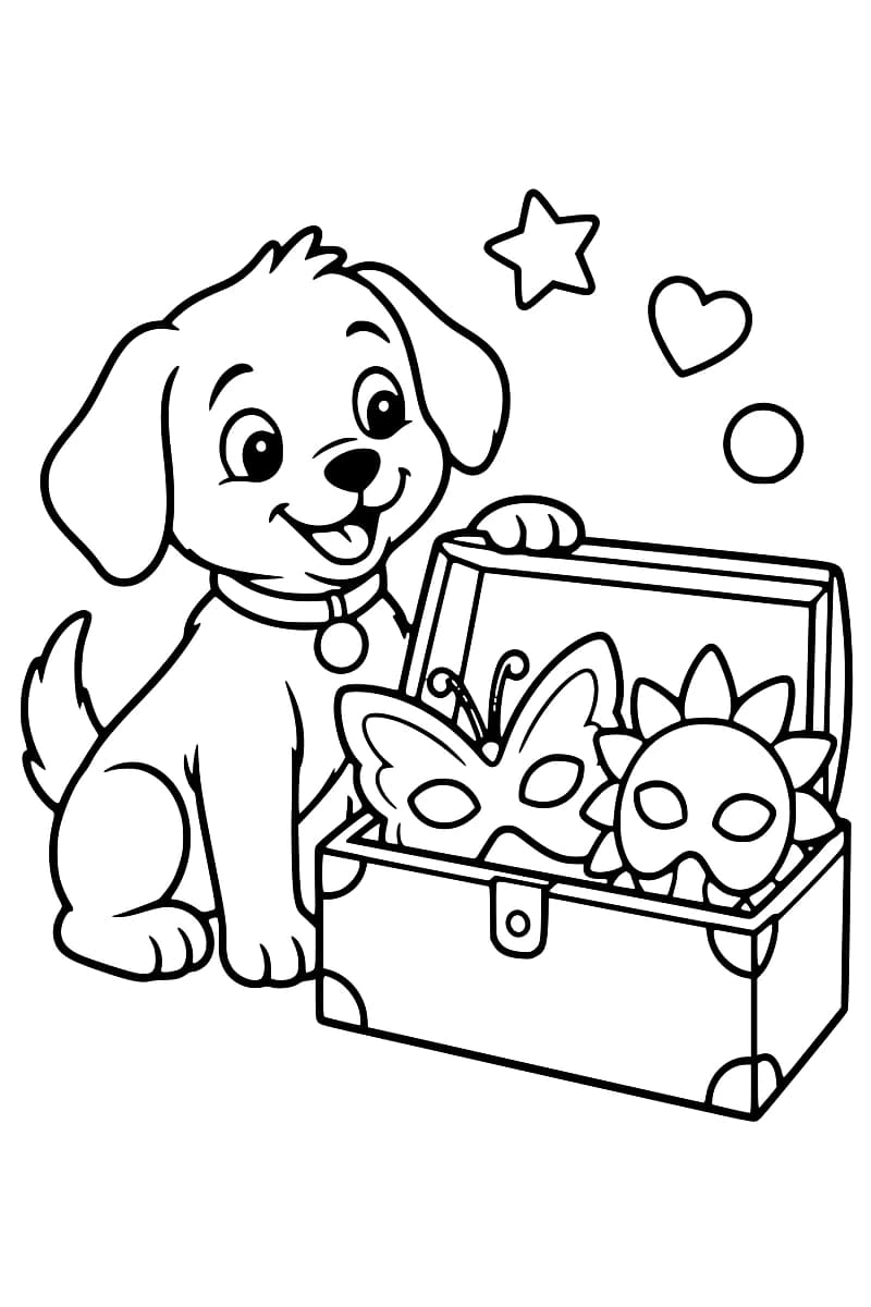 Dessin en noir et blanc d’un chiot assis près d’un coffre ouvert contenant deux masques, l’un en forme de papillon et l’autre de soleil, avec une étoile, un cœur et un cercle au-dessus.
