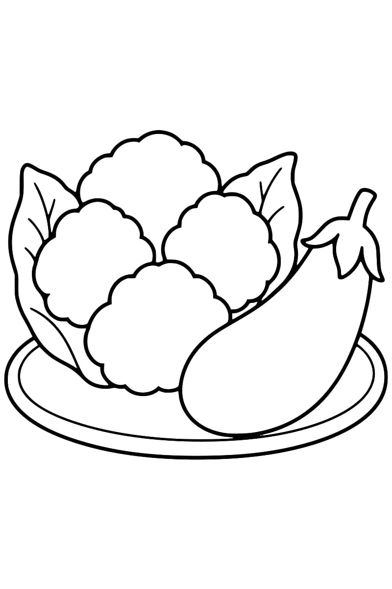 Dessin au trait noir d’un chou-fleur à larges feuilles, derrière une aubergine munie de sa tige, sur un plat ovale.