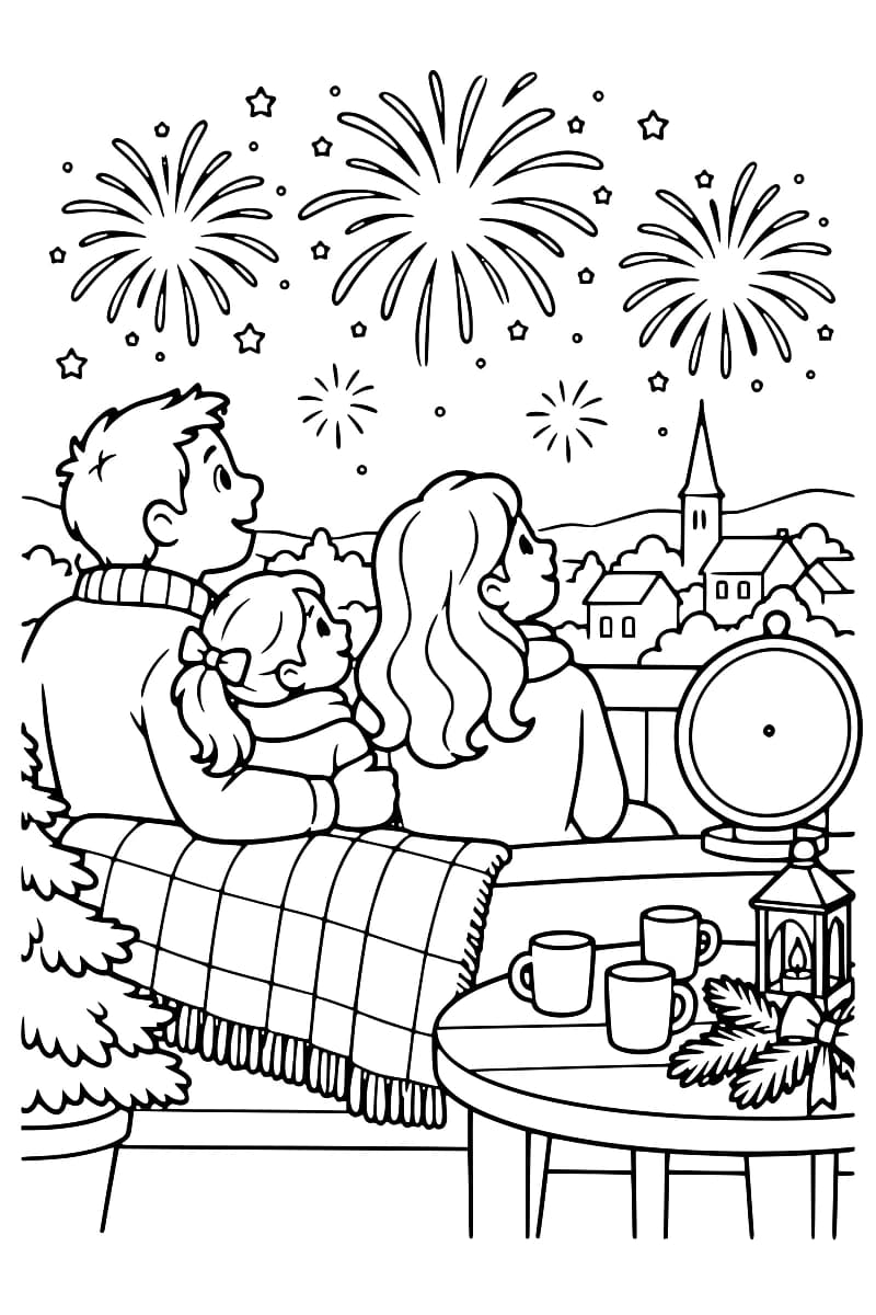 Dessin en noir et blanc d’une famille réunie dans un salon pour regarder des feux d’artifice au-dessus d’un village enneigé.