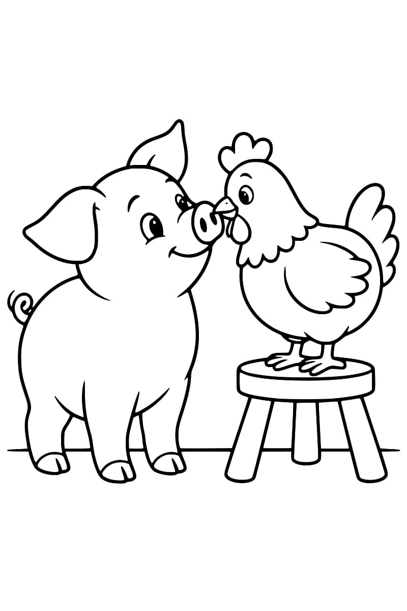 Dessin en noir et blanc d’un cochon face à une poule debout sur un tabouret.