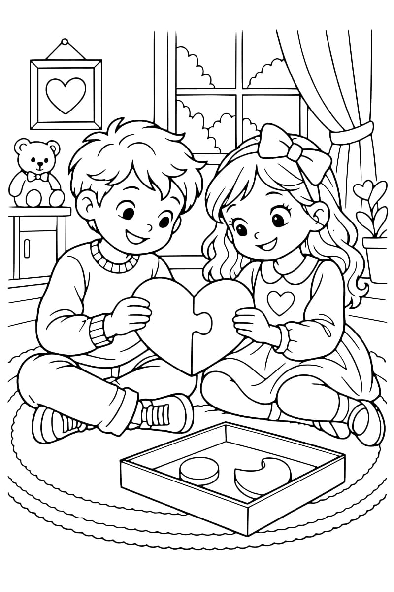 Dessin à colorier de deux enfants assis sur un tapis, tenant un cœur composé de deux pièces de puzzle, avec une boîte ouverte devant eux, un ours en peluche et un cœur encadré à l’arrière-plan.