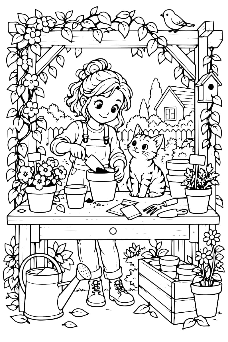 Illustration en noir et blanc d’une enfant qui jardine avec un chat sur un établi, entourée de pots, d’outils, de fleurs, d’une cabane à oiseaux et d’un oiseau.