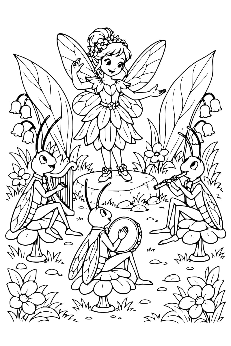Dessin en noir et blanc d’une fée ailée portant une couronne de fleurs, debout sur une souche devant trois sauterelles musiciennes assises sur des sièges en forme de fleurs, parmi de grandes feuilles et des brins de muguet.