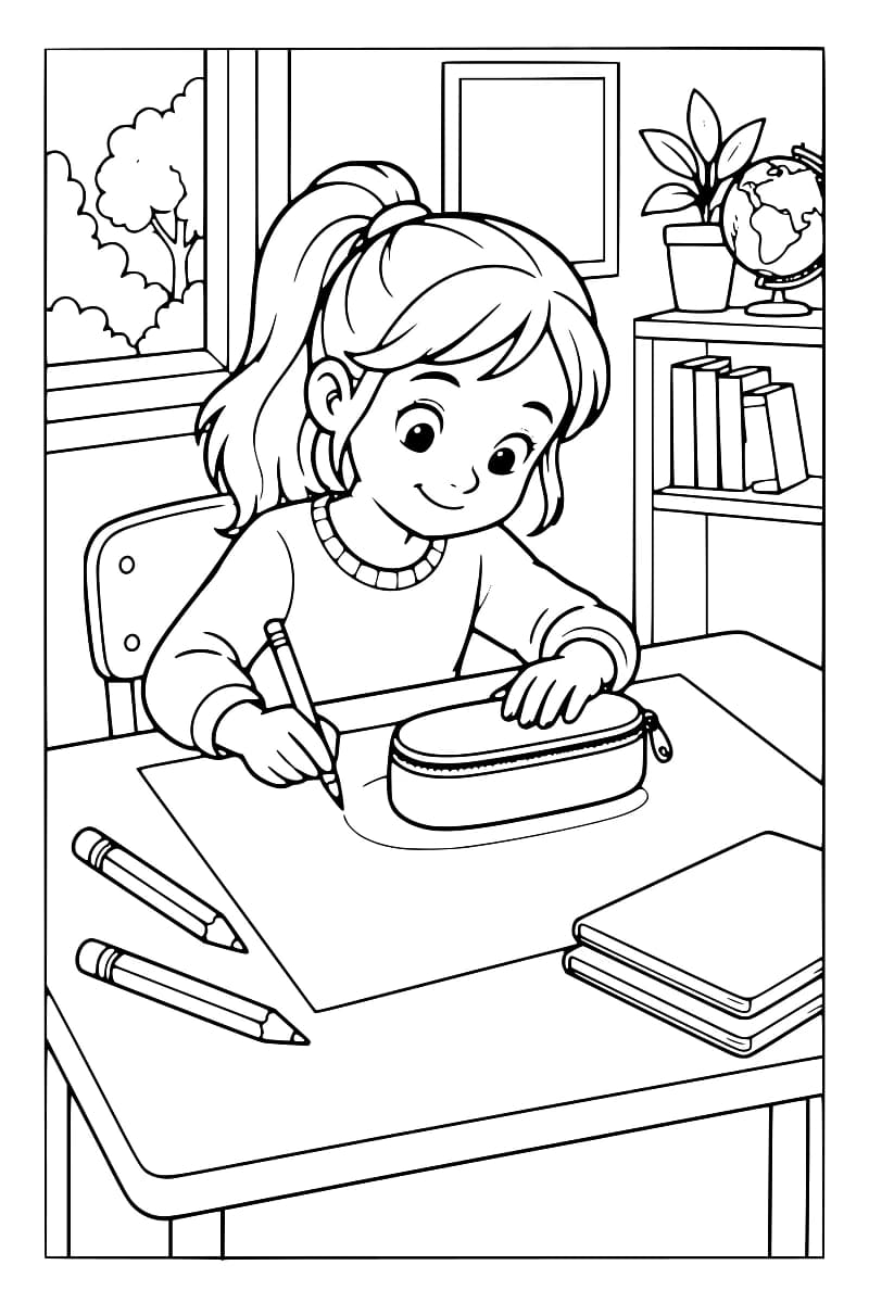 Dessin en noir et blanc d’une élève traçant le contour d’une trousse ovale sur une feuille, avec des crayons et des cahiers sur la table, une fenêtre et une étagère en arrière-plan.