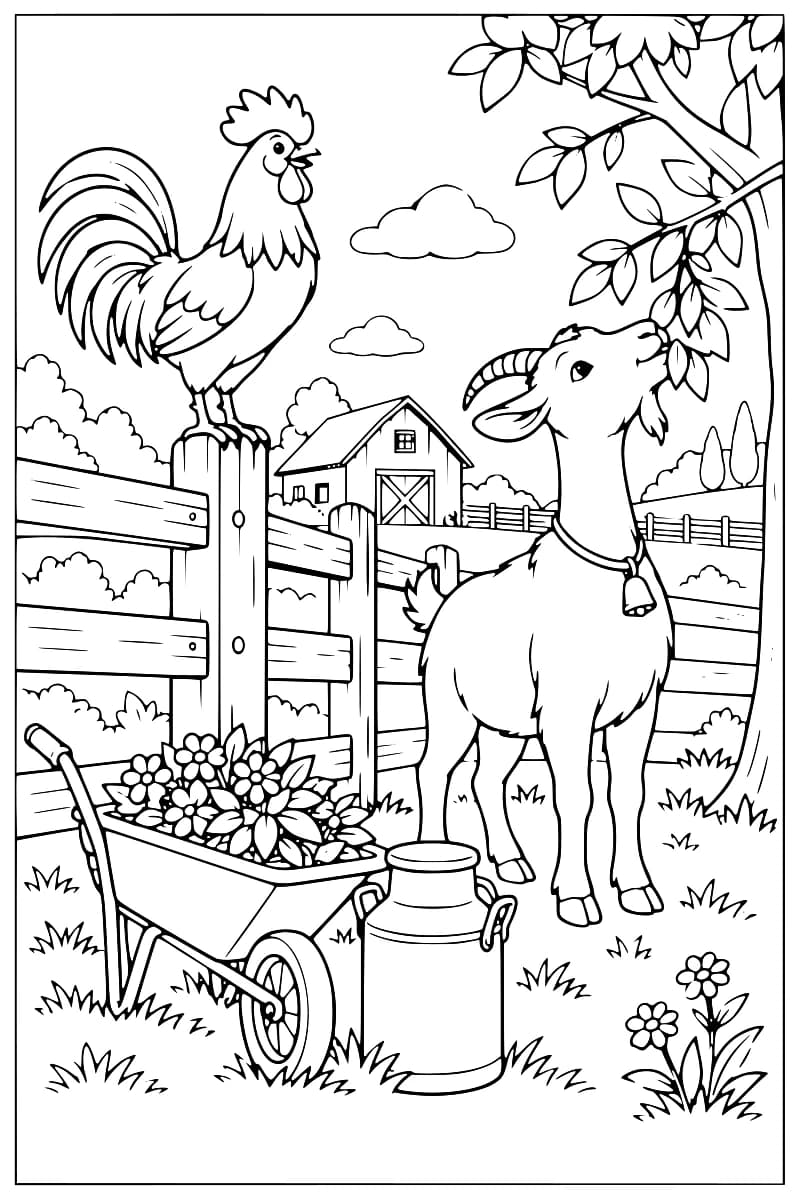 Dessin de coloriage en noir et blanc représentant un coq sur une clôture, une chèvre sous un arbre, une grange, une brouette remplie de fleurs et un bidon à lait.