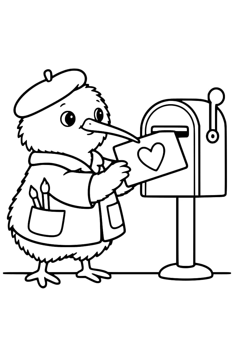 Dessin en noir et blanc d’un oiseau au long bec, coiffé d’un béret et vêtu d’une veste avec des pinceaux dans une poche, tenant une enveloppe décorée d’un cœur devant une boîte aux lettres sur pied.