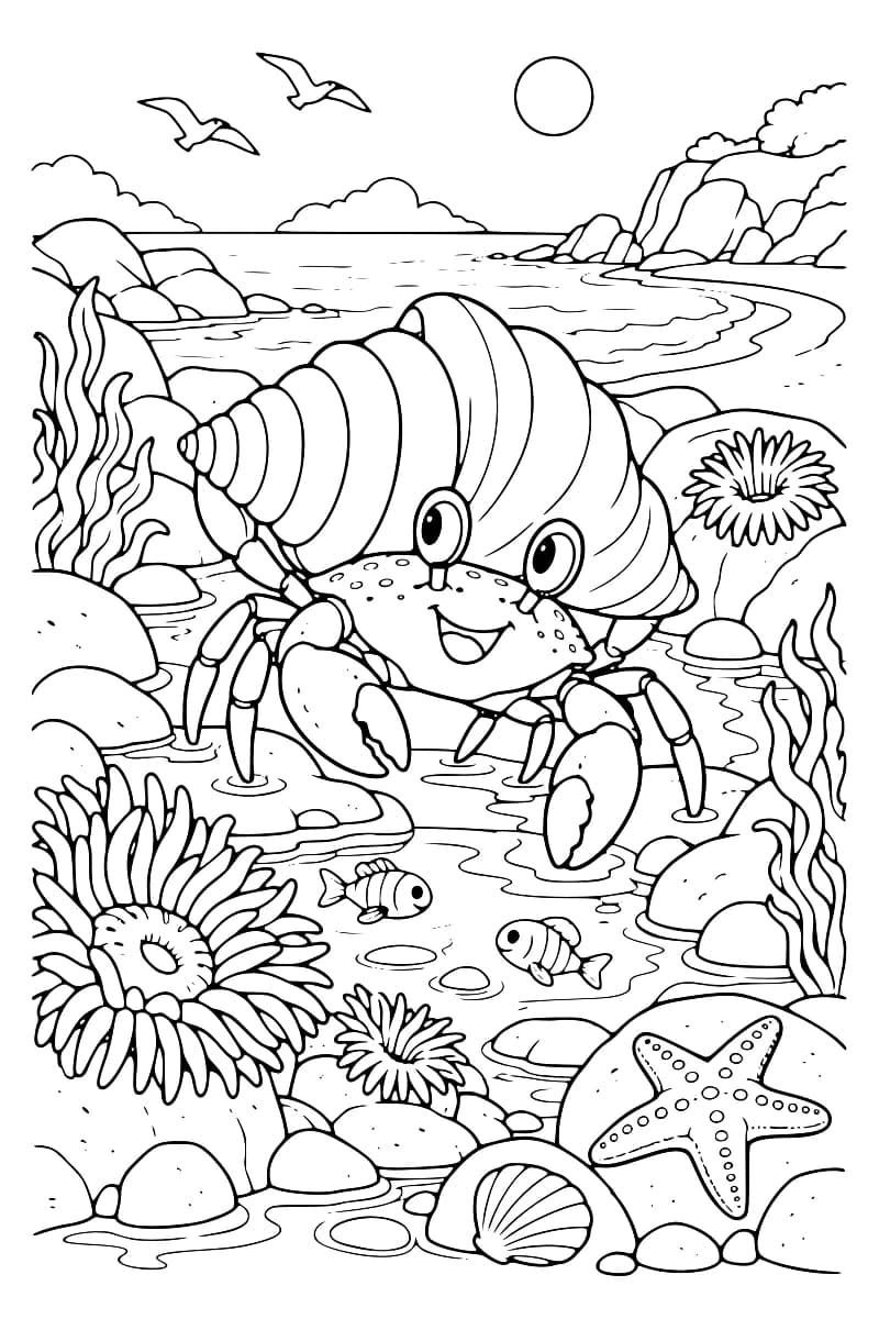 Dessin en noir et blanc d’un crabe souriant portant une grande coquille spiralée dans un bassin marin, entouré de rochers, d’algues, de poissons, d’anémones et d’une étoile de mer.