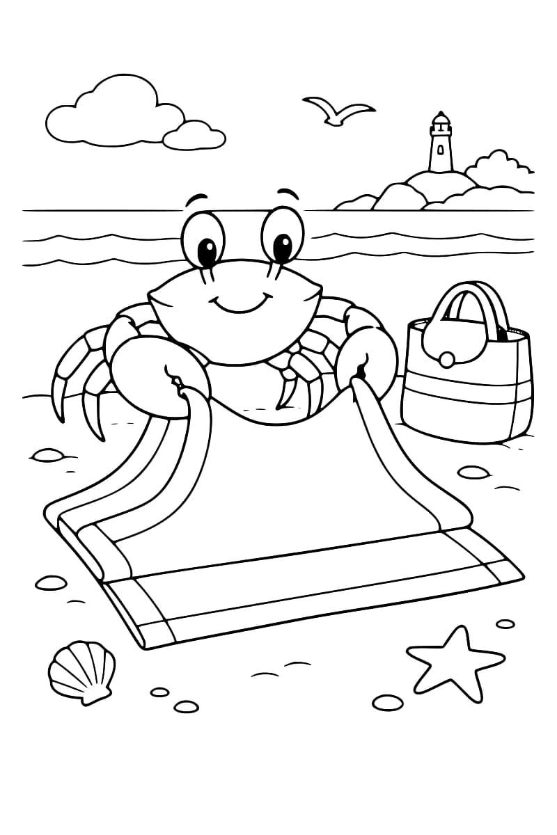 Dessin en noir et blanc d’un crabe tenant une serviette avec ses pinces sur le sable, à côté d’un sac de plage, d’un coquillage et d’une étoile de mer, avec des vagues, un oiseau et un phare en arrière-plan.