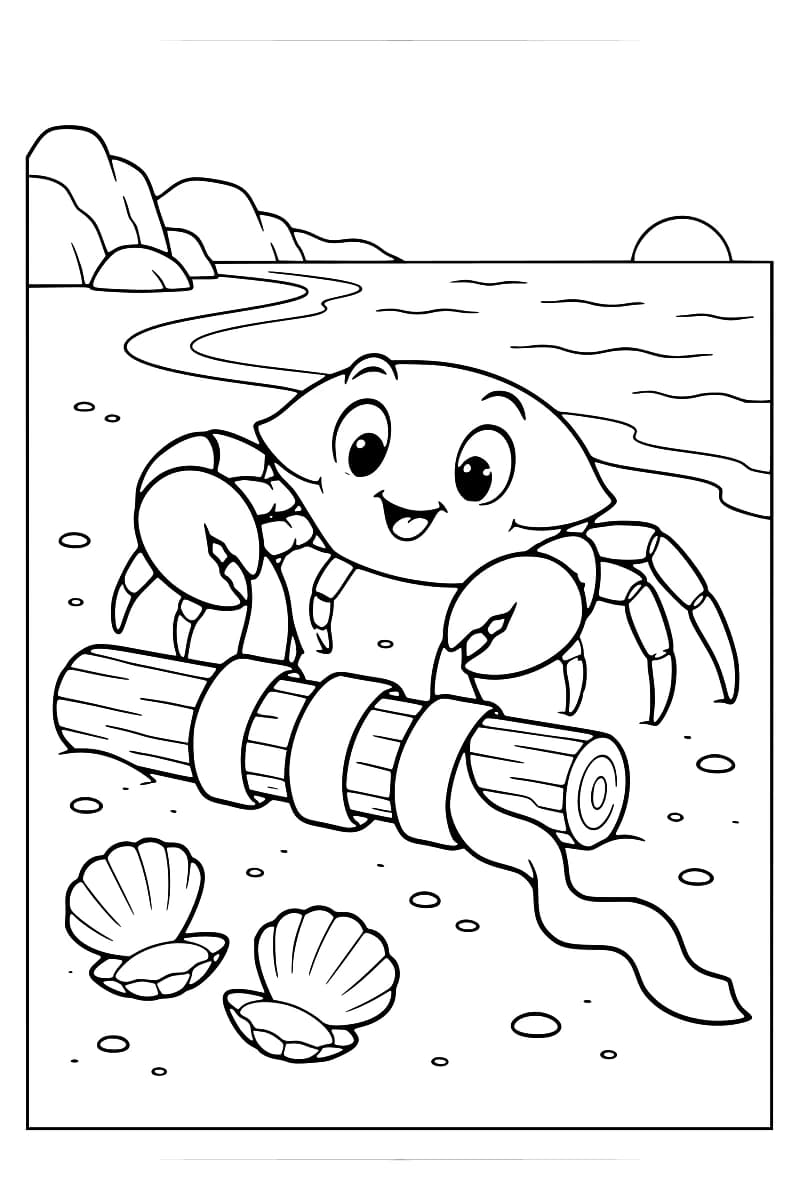Dessin en noir et blanc d’un crabe souriant sur le sable, derrière un morceau de bois autour duquel s’enroule un long ruban qui se prolonge vers la droite. Deux coquillages ouverts sont au premier plan, avec la mer, des rochers et un soleil à l’horizon.