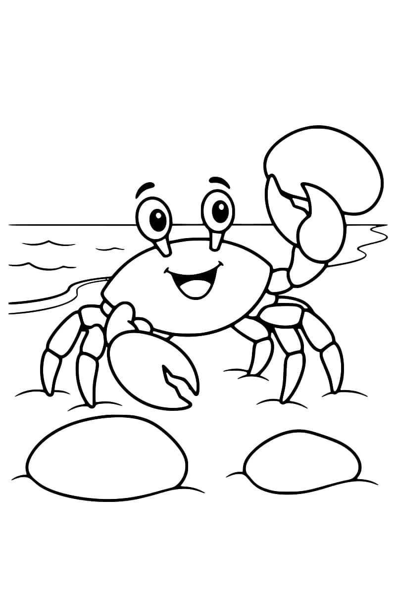 Dessin en noir et blanc d’un crabe souriant tenant un galet dans une pince levée, avec deux autres galets au premier plan et des vaguelettes à l’arrière-plan.