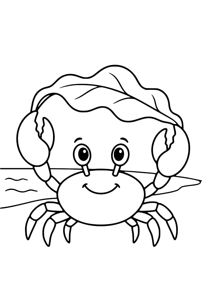Dessin en noir et blanc d’un crabe souriant vu de face, les pinces levées tenant une grande feuille nervurée au-dessus de sa tête, avec le rivage en arrière-plan.