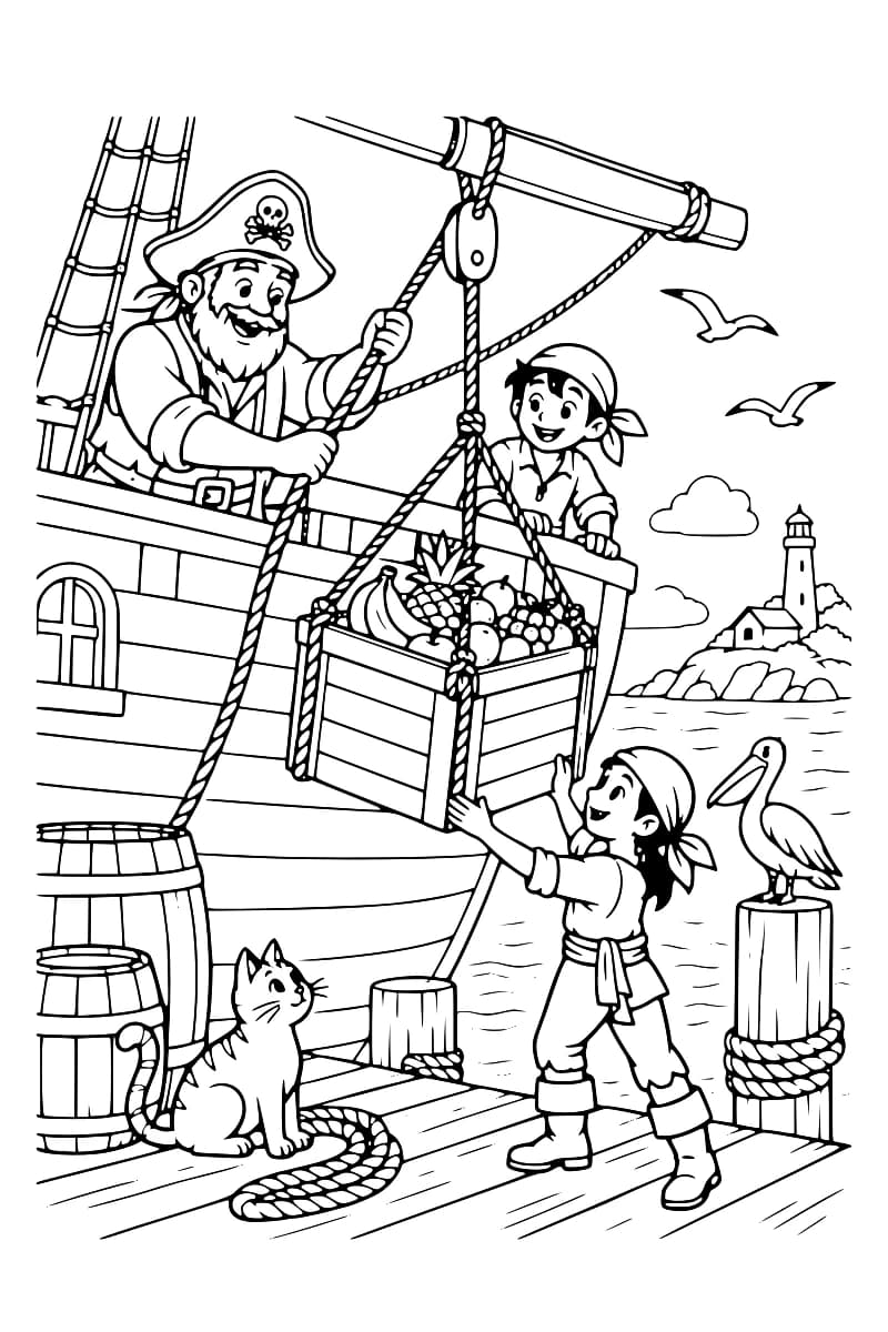 Dessin en noir et blanc d’un pirate et de deux jeunes matelots descendant une caisse de fruits sur un quai, avec un chat, un pélican et un phare en arrière-plan.
