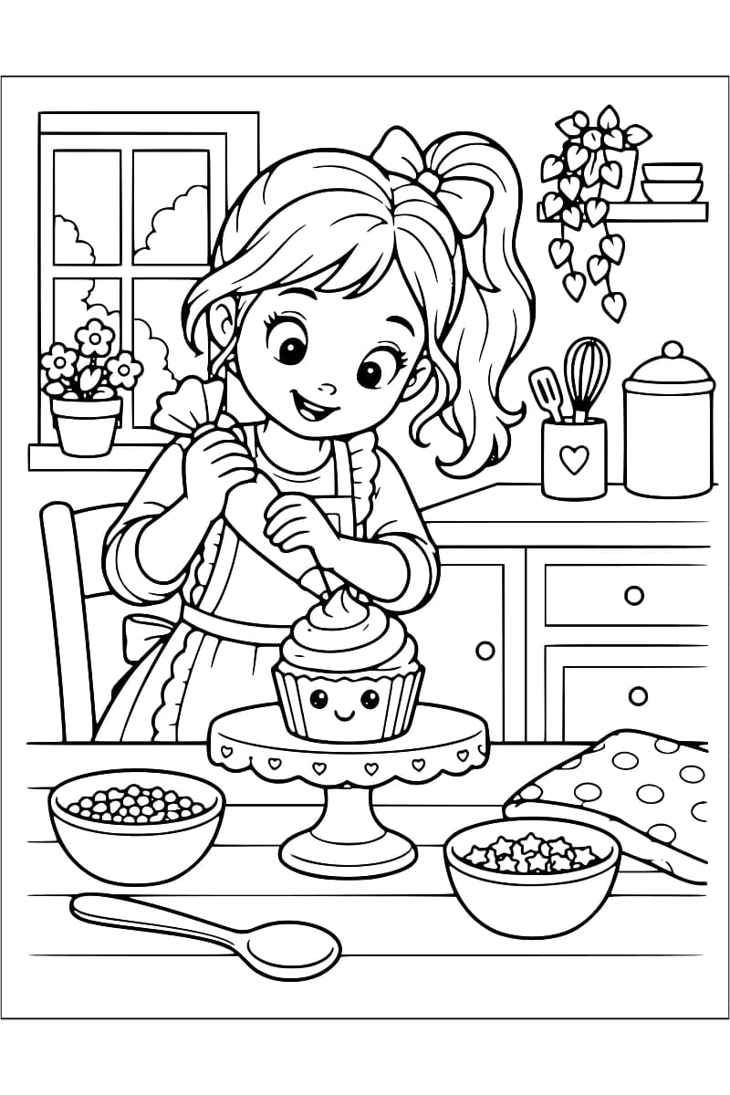 Dessin en noir et blanc d’une enfant décorant un cupcake avec une poche à douille, sur un présentoir de cuisine.