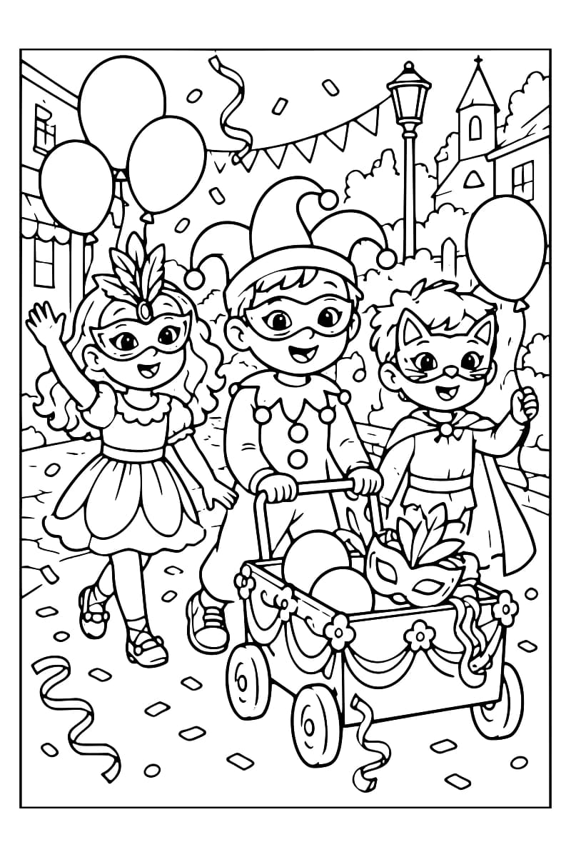 Dessin en noir et blanc à colorier montrant trois enfants masqués, un chariot décoré, des ballons, des serpentins, des confettis et des maisons en arrière-plan.