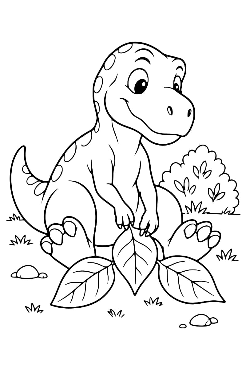 Dessin en noir et blanc d’un dinosaure assis, les pattes avant posées près de trois grandes feuilles, avec un buisson, des touffes d’herbe et quelques cailloux autour de lui.