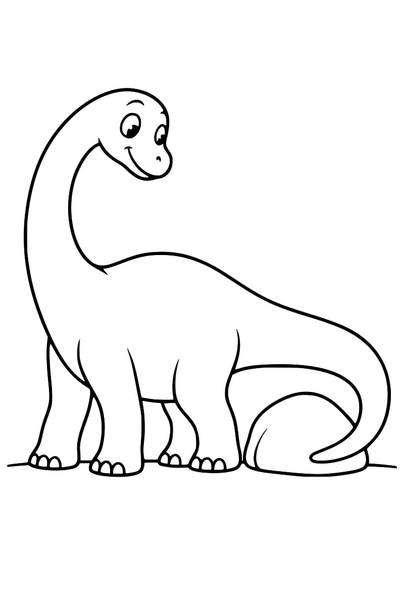 Dessin en noir et blanc d’un diplodocus au long cou, debout sur quatre pattes, la tête tournée vers la droite et la queue courbée autour d’un rocher.