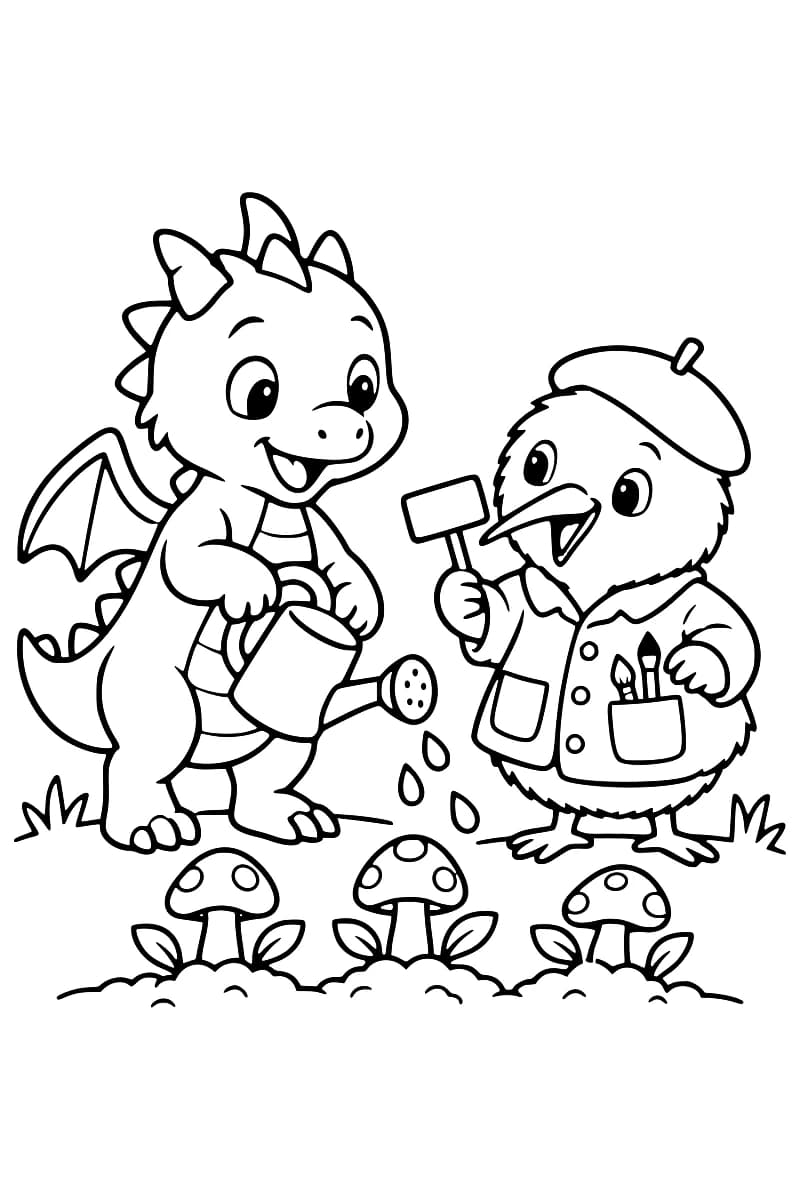 Dessin à colorier d’un dragon souriant tenant un arrosoir d’où tombent des gouttes au-dessus de trois champignons, à côté d’un oiseau portant un béret et une veste avec des pinceaux dans la poche, et tenant une petite pancarte.