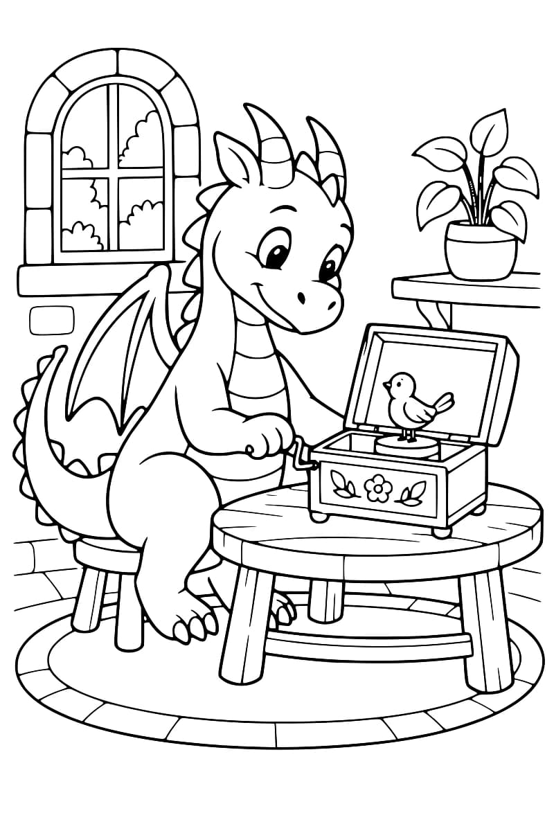 Dessin au trait d’un dragon ailé assis sur un tabouret devant une table ronde, actionnant une boîte à musique contenant un oiseau sur un socle, avec une fenêtre et une plante en arrière-plan.