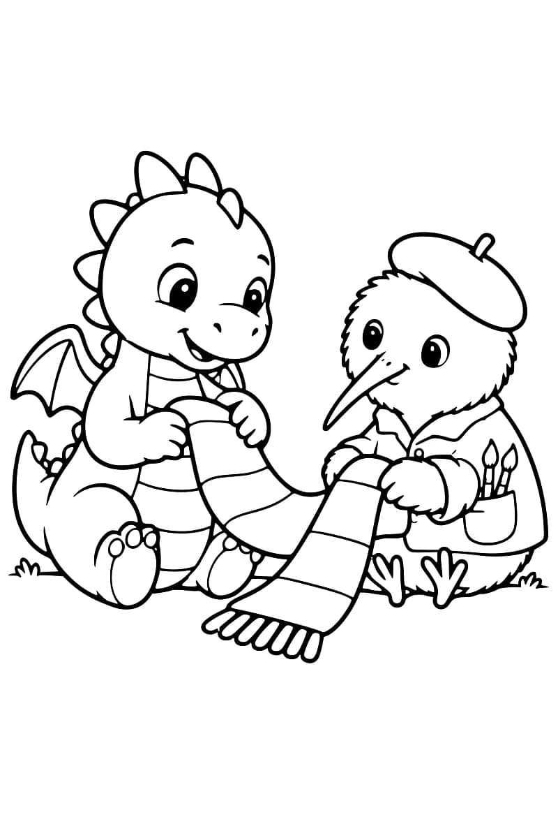 Dessin en noir et blanc d’un petit dragon ailé et d’un kiwi assis côte à côte, tenant une écharpe à rayures et à franges. Le kiwi porte un béret et une veste avec deux pinceaux dans la poche.