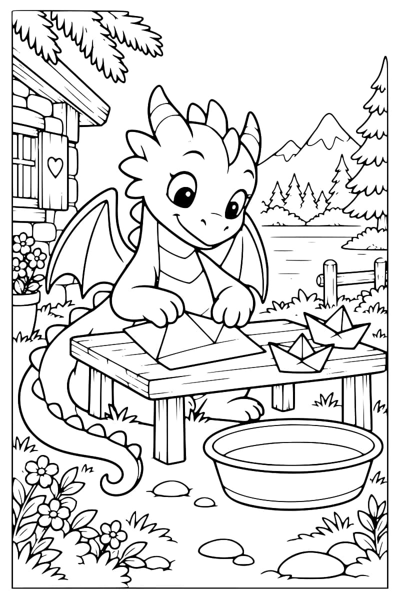 Dessin en noir et blanc d’un dragon ailé pliant une feuille sur une table où reposent deux bateaux de papier. Une bassine est posée au premier plan, avec un chalet, des fleurs, un lac, des sapins et des montagnes autour.