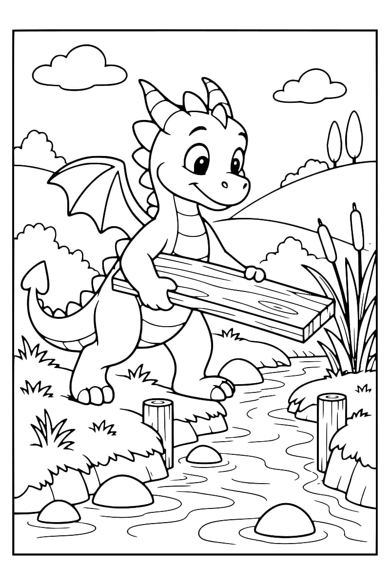 Illustration en noir et blanc d’un jeune dragon ailé portant une planche au-dessus d’un ruisseau bordé de végétation.