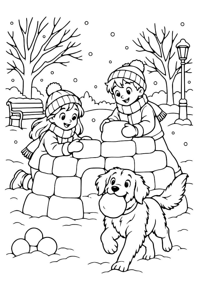 Dessin en noir et blanc de deux enfants bâtissant un fort de neige devant un banc et un lampadaire, avec un chien au premier plan.
