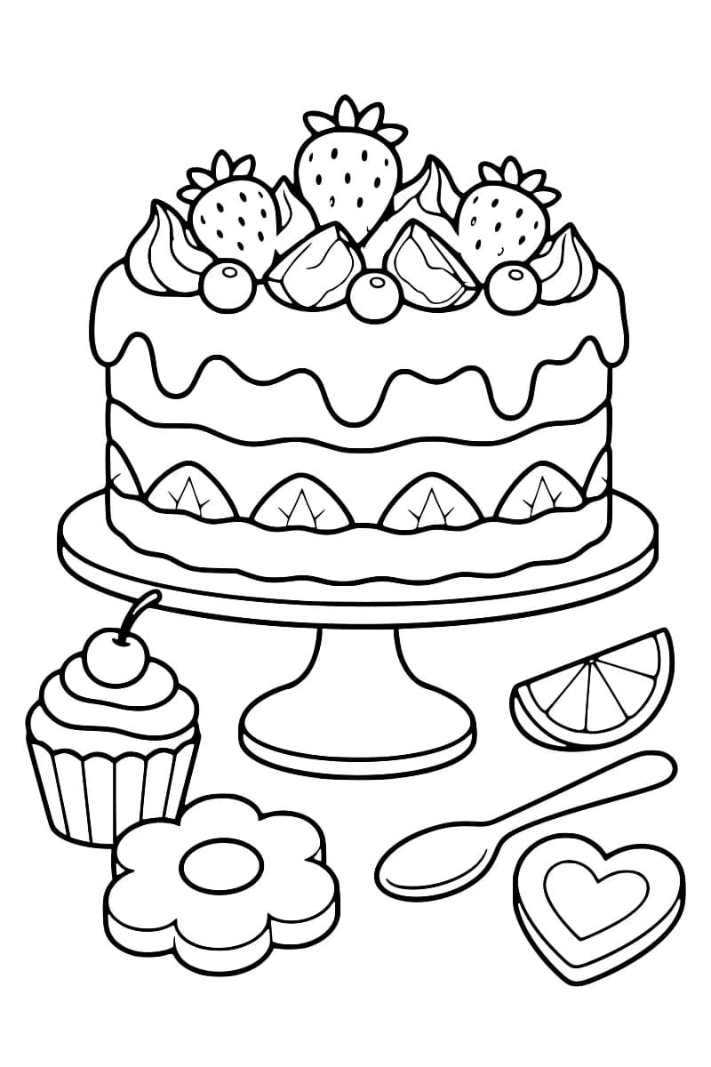 Dessin en noir et blanc d’un gâteau à étages décoré de fruits et de crème sur un présentoir, avec un cupcake, une cuillère, une tranche d’agrume et des biscuits autour.