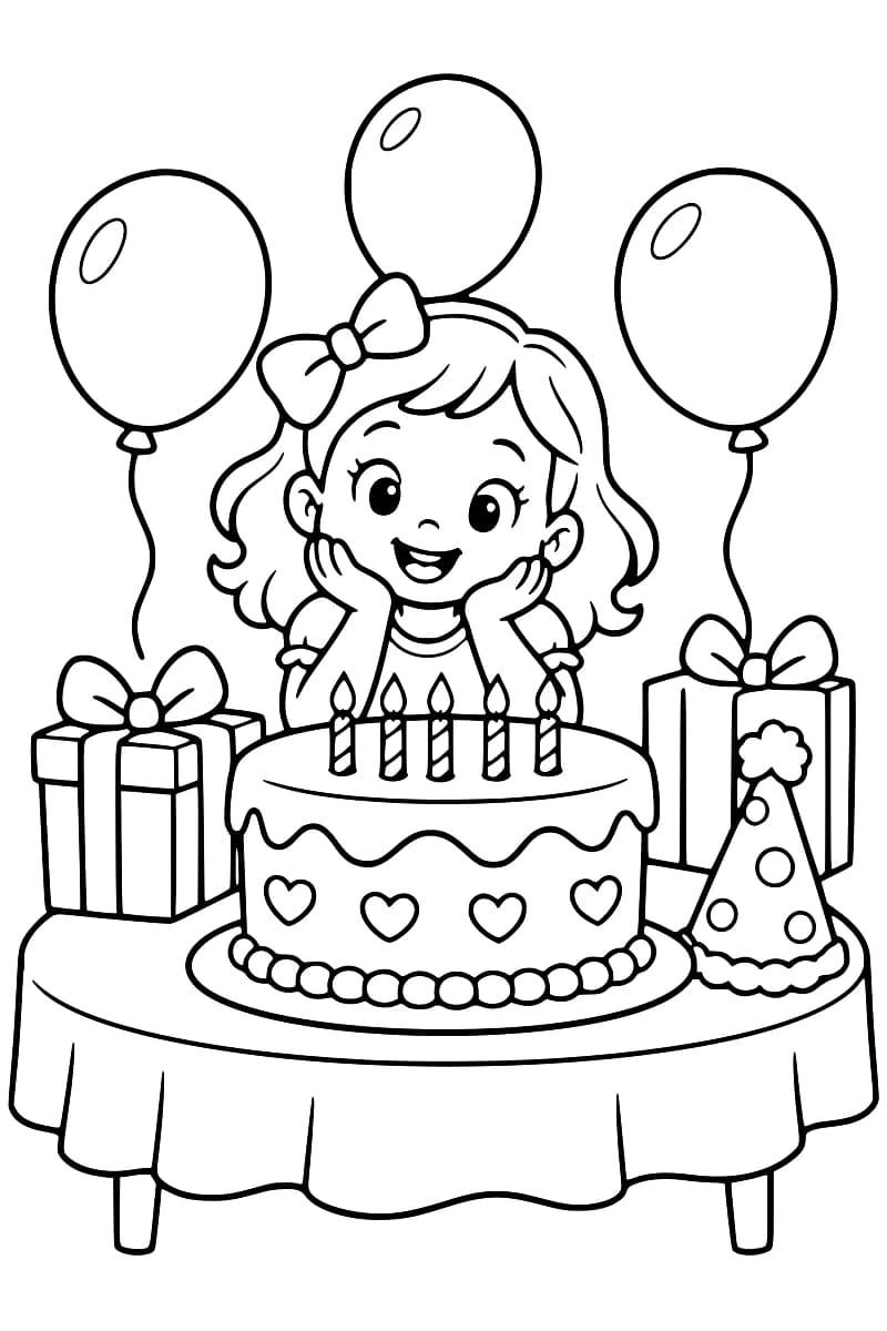 Dessin à colorier représentant une fillette derrière un gâteau d’anniversaire à cinq bougies, entouré de cadeaux, de trois ballons et d’un chapeau de fête.