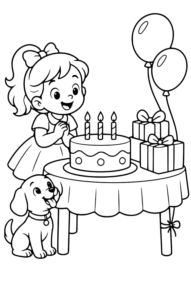 Coloriage en noir et blanc représentant une fillette et son chien devant un gâteau d’anniversaire à trois bougies, entouré de cadeaux et de ballons.