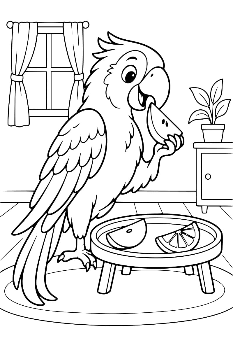 Dessin en noir et blanc d’un perroquet tenant une tranche de fruit dans une patte, devant une table basse ronde portant deux morceaux de fruits, dont un quartier d’agrume. Une fenêtre à rideaux et une plante en pot sur un meuble complètent le décor.