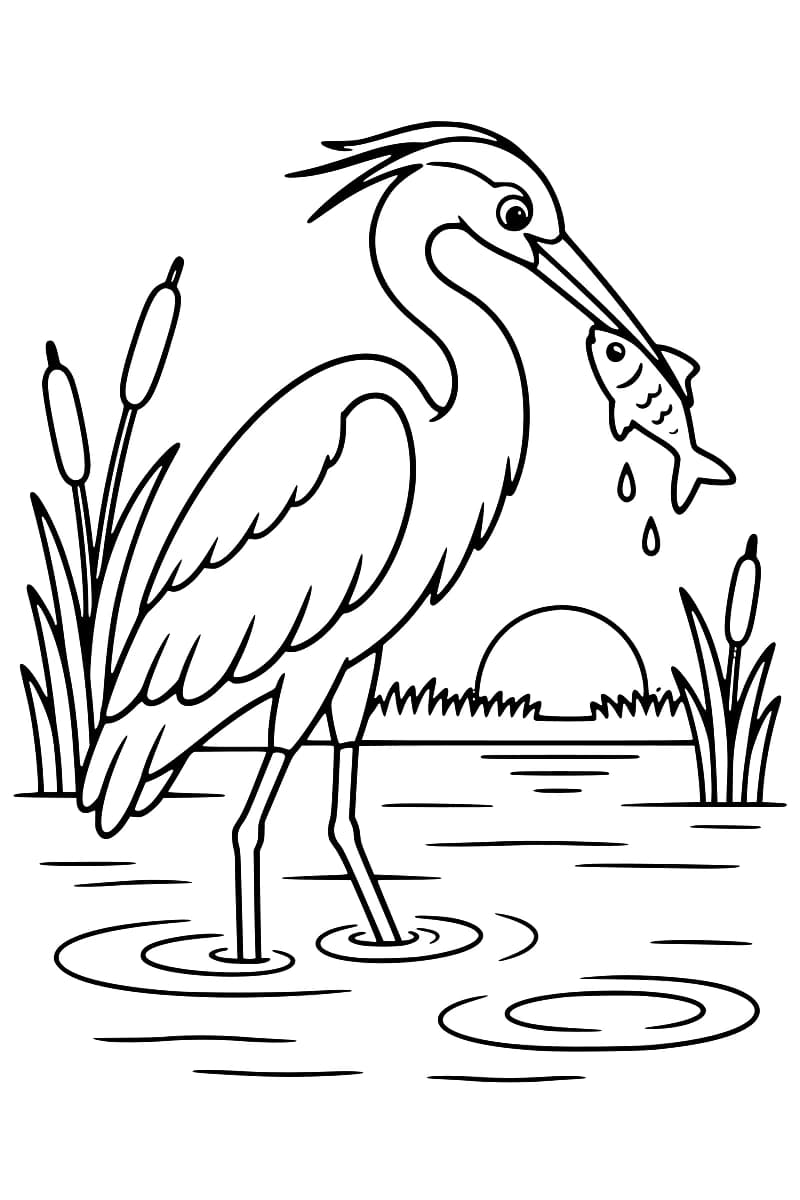Dessin en noir et blanc d’un héron debout dans une mare, avec un poisson dans le bec et des roseaux autour.