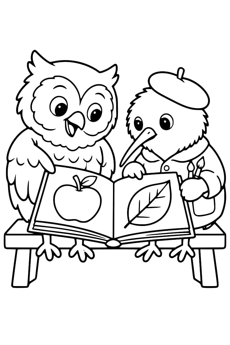 Dessin en noir et blanc d’un hibou et d’un kiwi assis sur un banc devant un livre ouvert montrant une pomme à gauche et une feuille à droite ; le kiwi porte un béret et tient deux pinceaux.