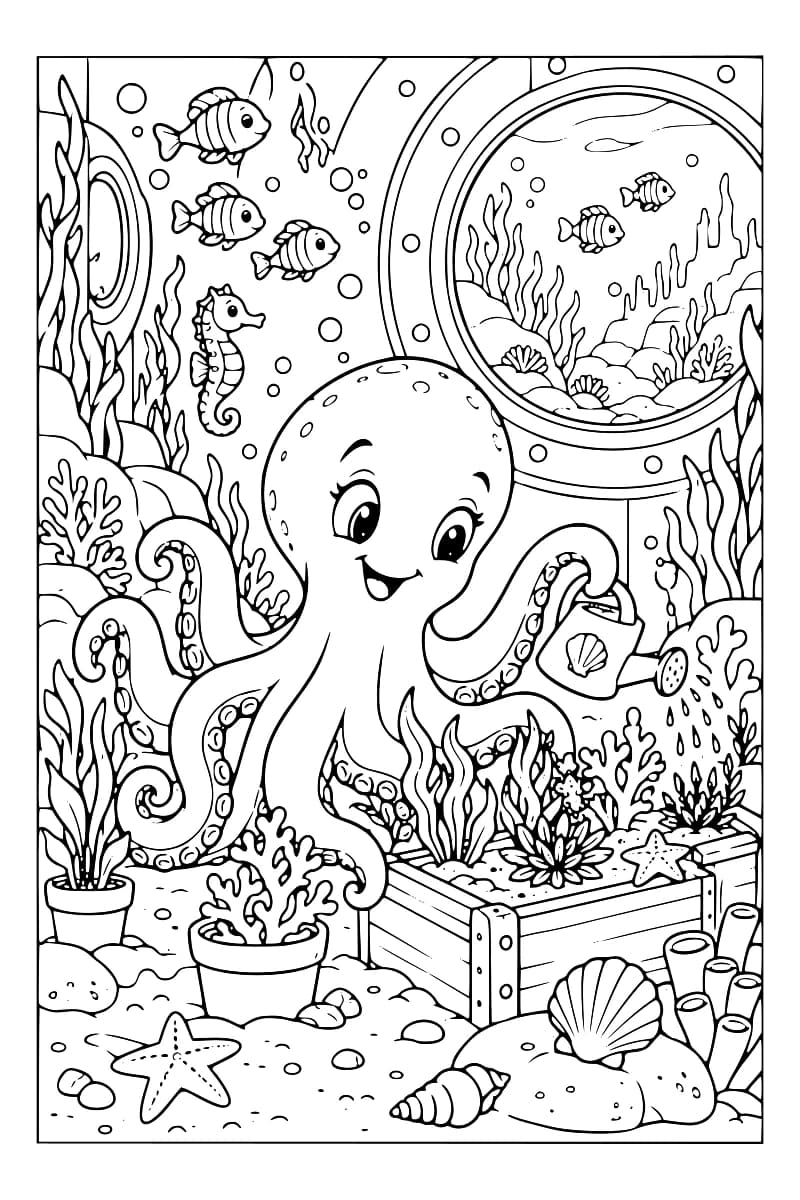 Dessin en noir et blanc d’un poulpe souriant arrosant un jardin sous-marin dans un aquarium, avec des poissons, un hippocampe, des coraux et des coquillages.