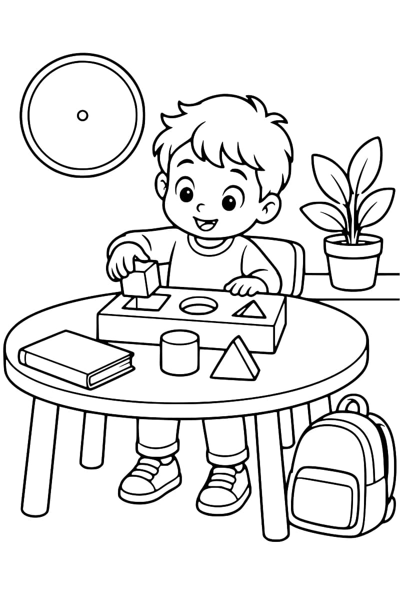 Dessin en noir et blanc d’un enfant qui associe des formes géométriques à une table, avec un livre, une plante, un sac à dos et une horloge autour de lui.