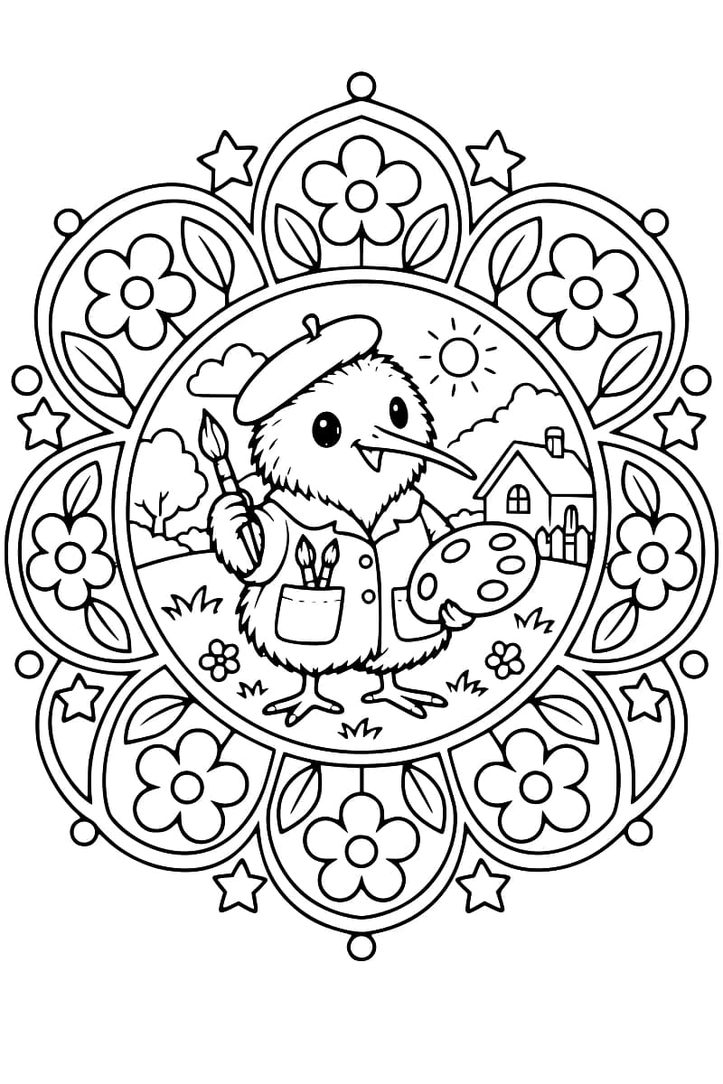 Dessin en noir et blanc représentant un kiwi artiste avec un pinceau et une palette, au centre d’un mandala floral symétrique.