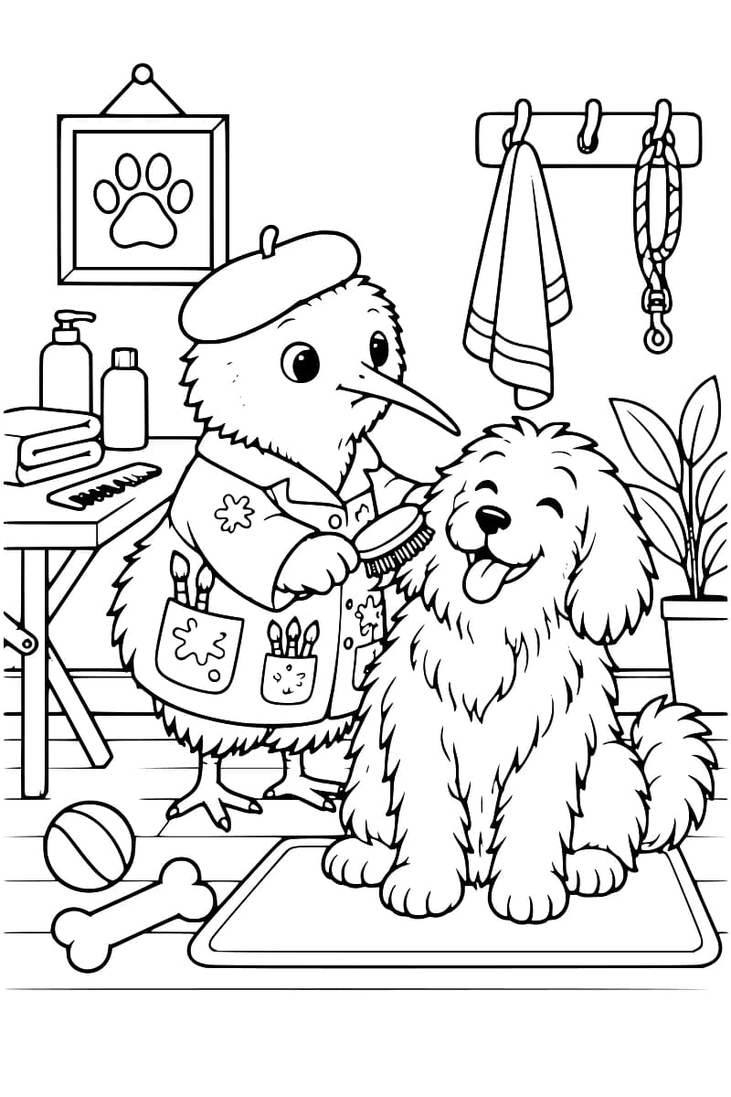 Coloriage d’un kiwi en béret et blouse à poches garnies de pinceaux, brossant un chien à poil long qui tire la langue. Autour d’eux se trouvent un peigne, des flacons, des serviettes, une laisse suspendue, une plante, une balle et un os.