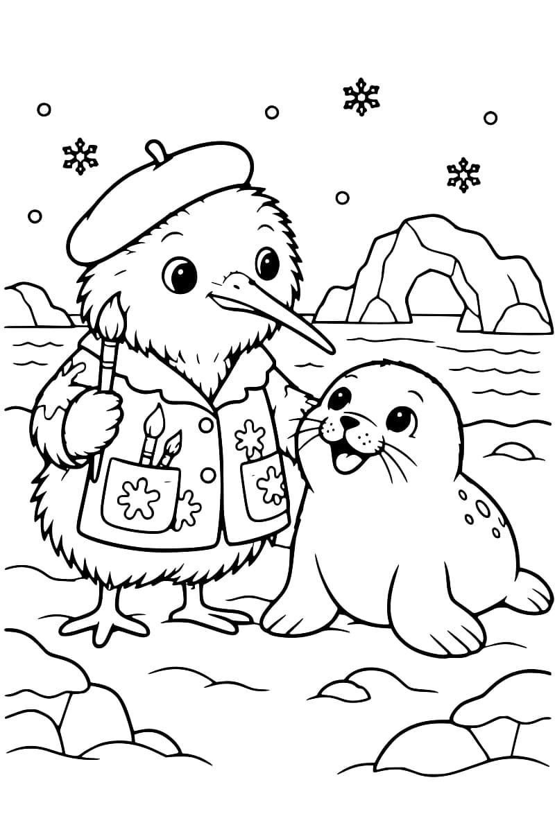 Dessin en noir et blanc d’un kiwi habillé et d’un jeune phoque devant des blocs de glace, avec des flocons de neige.