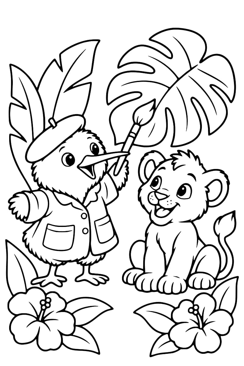 Coloriage en noir et blanc d’un kiwi portant un béret et une veste à poches, tenant un pinceau levé à côté d’un lionceau souriant, parmi des feuilles et des fleurs tropicales.