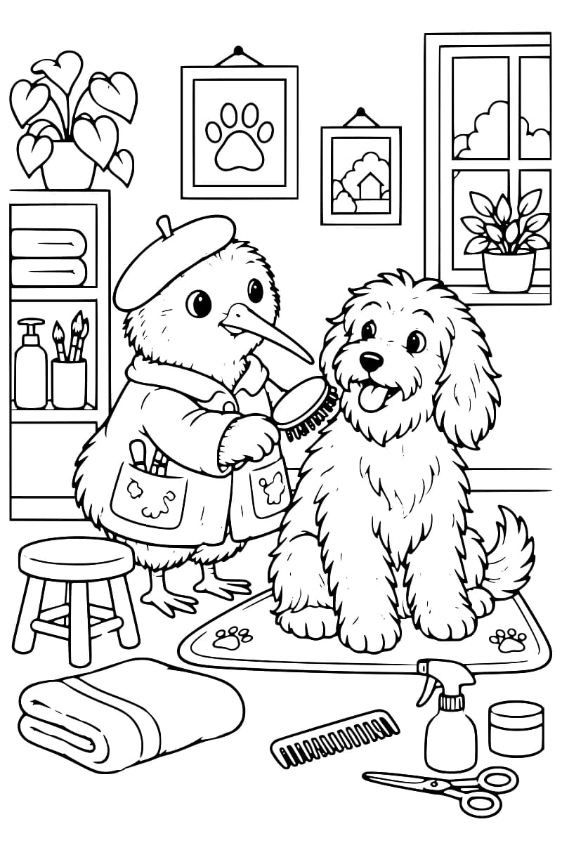 Coloriage en noir et blanc montrant un kiwi avec une brosse auprès d’un chien hirsute, entourés d’accessoires de toilettage.