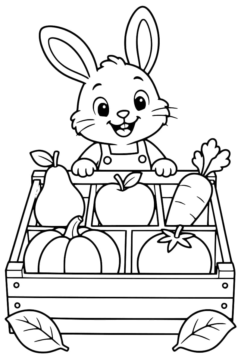 Dessin en noir et blanc d’un lapin en salopette derrière une caisse contenant plusieurs fruits et légumes.