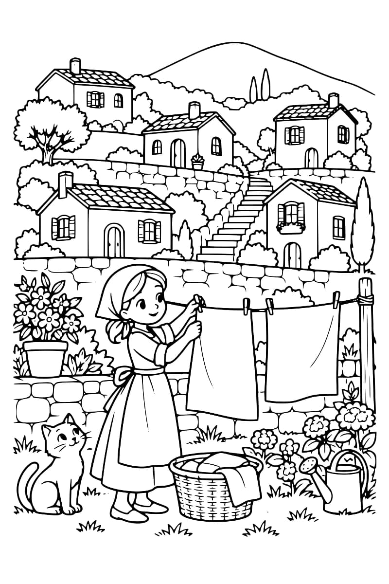 Dessin en noir et blanc d’une habitante suspendant du linge à une corde, près d’un chat, d’un panier et d’un arrosoir, avec des maisons, des murets de pierre et un escalier sur fond de colline.