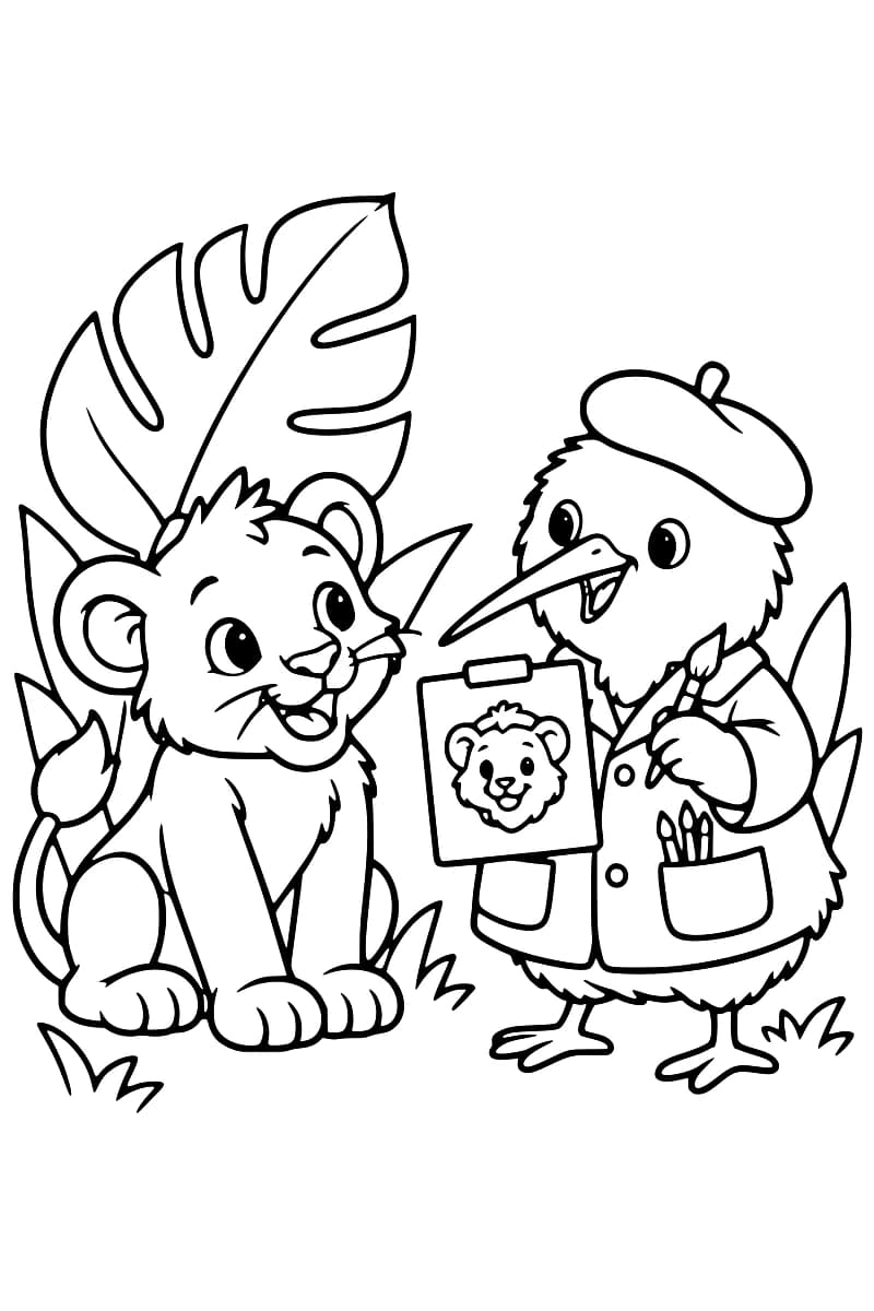 Dessin en noir et blanc représentant un lionceau et un oiseau à long bec, debout parmi de grandes feuilles, avec un carnet et un crayon.